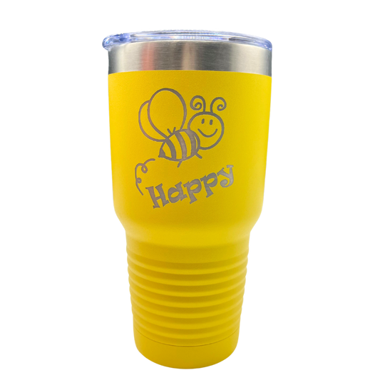 30 oz. Stainless Steel Tumbler | "Bee Happy" With Bee Animation | Vibrant Yellow | Made in Alda, NE | RCK Creations & More