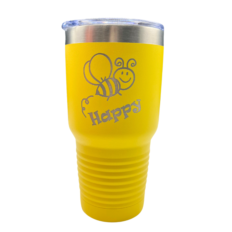 Stainless Steel Nebraska Engraved Tumbler | 30 oz. | "Bee Happy" With Bee Animation | Yellow | Fits Perfect In Cup Holder | Keeps Drinks Cool and Hot | Sweat Proof | Dishwasher Safe | Perfect for Wildlife Lovers | Customizable