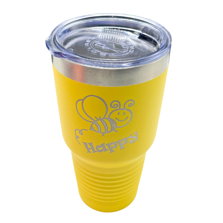 30 oz. Stainless Steel Tumbler | "Bee Happy" With Bee Animation | Vibrant Yellow | Made in Alda, NE | RCK Creations & More