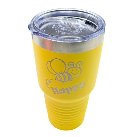 30 oz. Stainless Steel Tumbler | "Bee Happy" With Bee Animation | Vibrant Yellow | Made in Alda, NE | RCK Creations & More