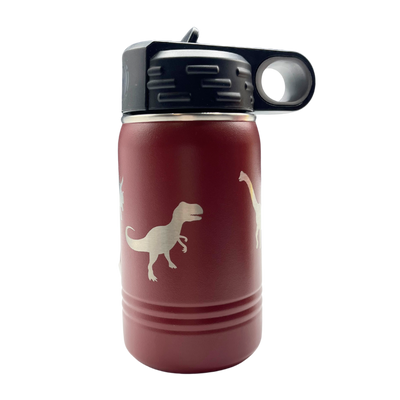 Stainless Steel Water Bottle | 12 oz. | Dinosaur Design | Maroon | Perfect For Little Ones | No Spill | Leak Proof | A Gift Dinosaur Fans Will Love | Foldable Straw | Convienent Water Bottle