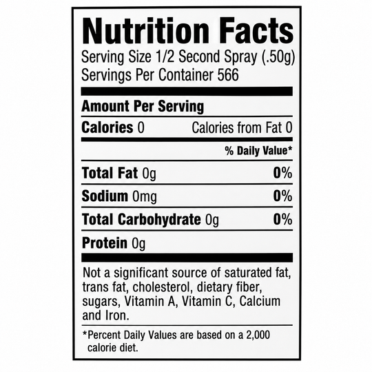 A Nutrition Facts label for a second spray, showing serving size 1/2 spray (.50g), 566 servings per container, with no calories or fat from the product itself.