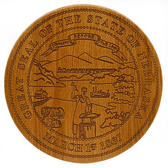 Wooden coaster with engraved Great Seal of the State of Nebraska