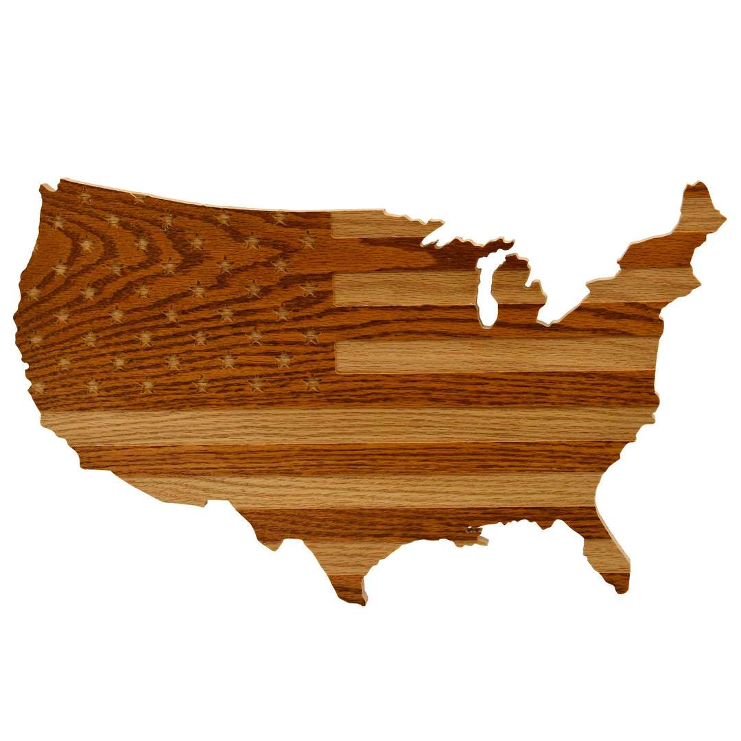Wooden cutout of the United States map on a white background