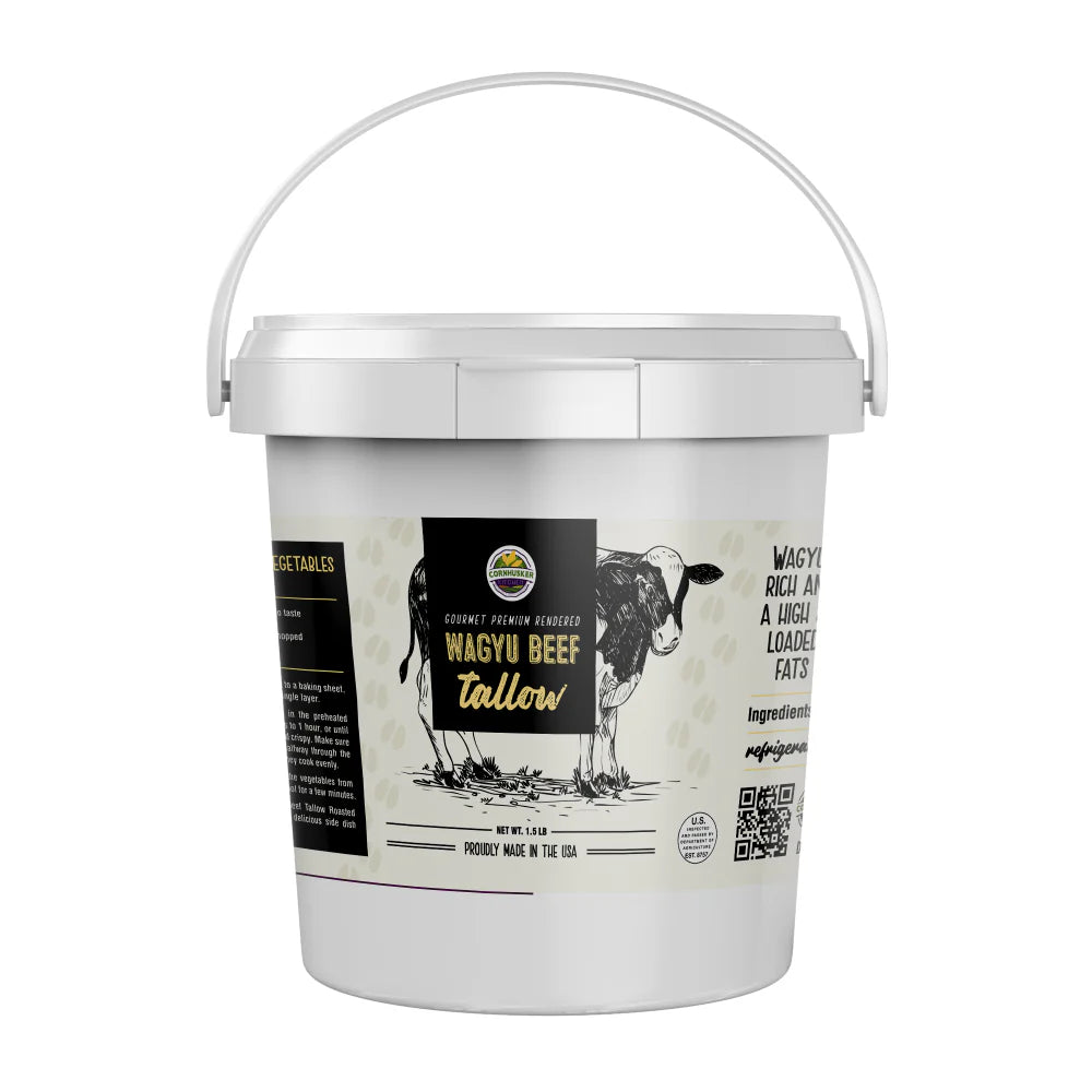 White bucket with a label featuring a cow illustration and text on a white background