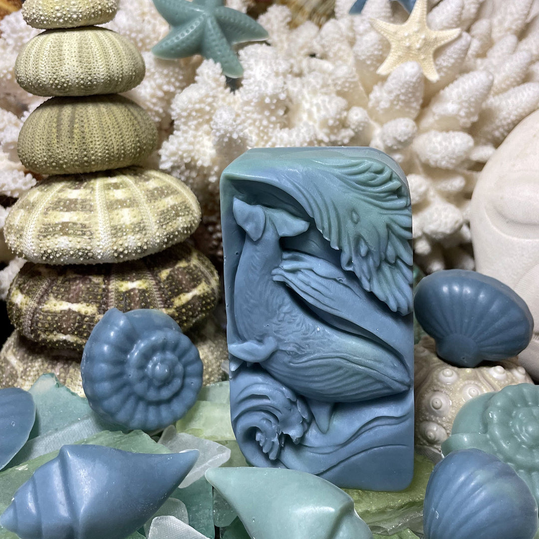 Soap bar with whale design among seashells and coral