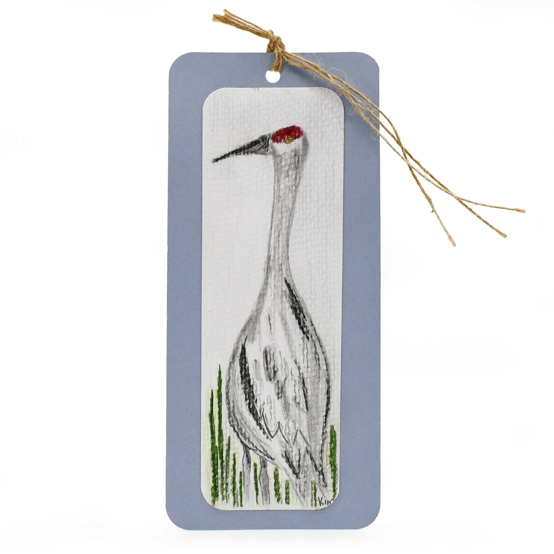 Bookmark with a crane illustration on a white background
