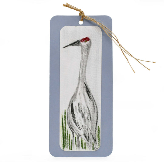 Bookmark with a crane illustration on a white background