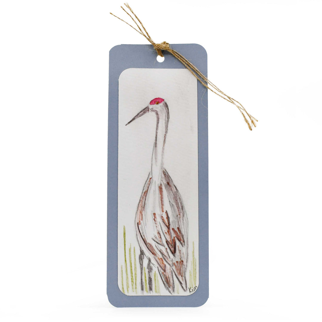 Bookmark with a crane illustration on a white background