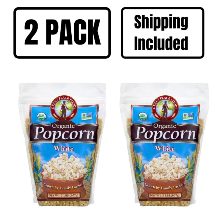 Two 2 Pound Bags of Organic White Popcorn Kernels On A White Background