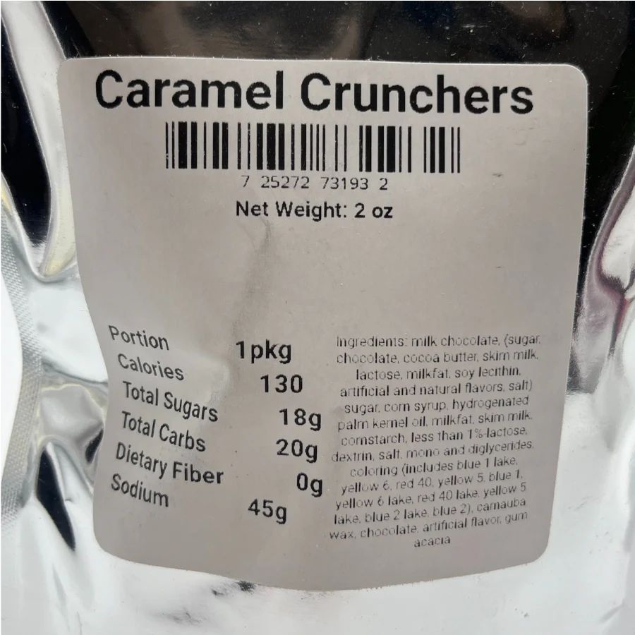 The ingredient/nutrition fact list for Caramel Crunchers: Portion 1 pkg, Calories 130, Total Sugars 18g, Total Carbs 20g, Dietary Fiber 0g, Sodium 45g