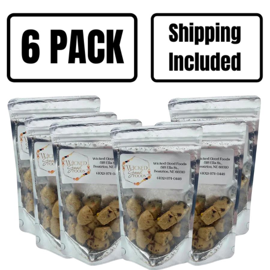 A six pack of freeze dried Cookie Dough Bites on a white background