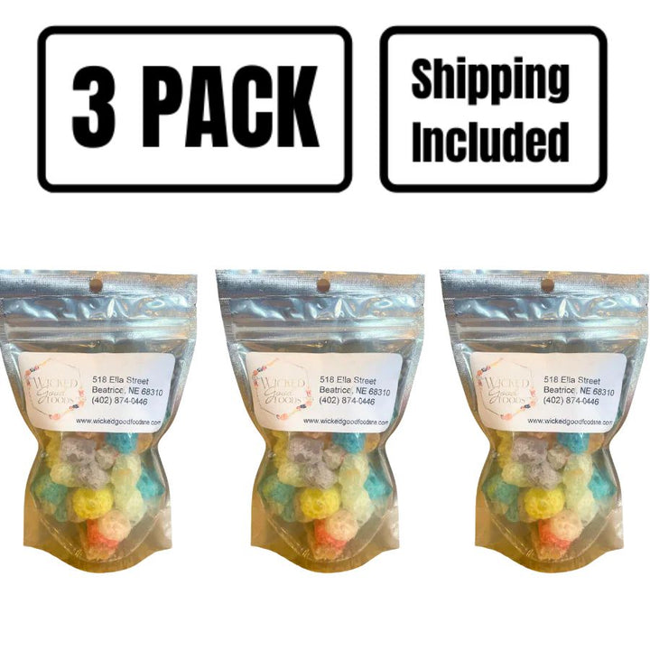 A three pack of Gummy Bears on a white background
