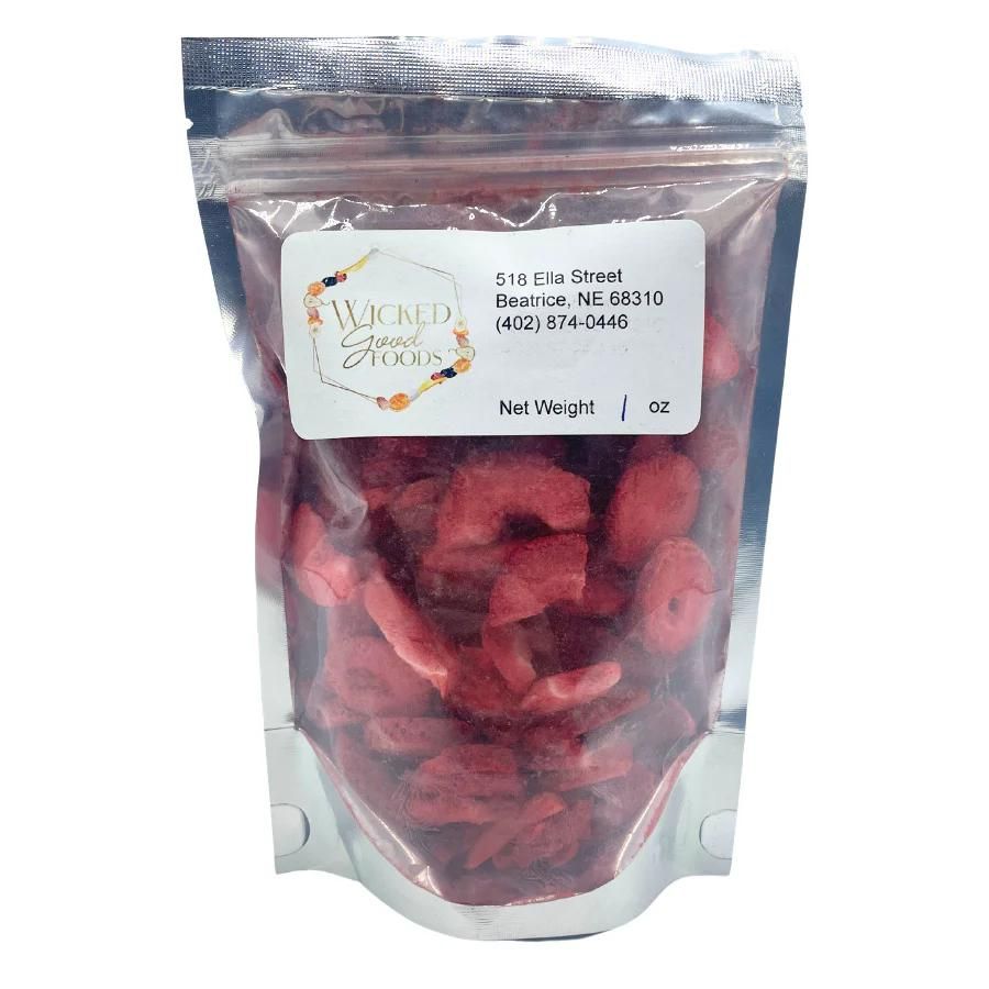 A bag of freeze dried strawberries on a white background