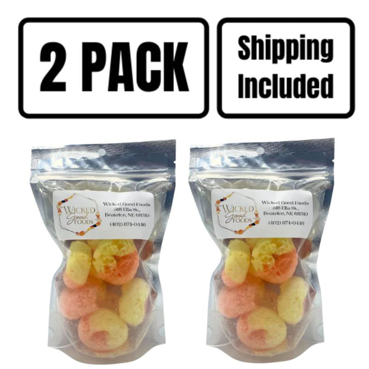 A two pack of Peach Rings on a white background