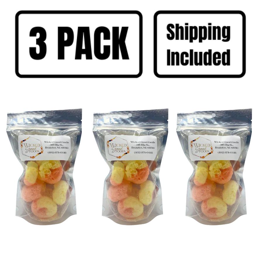 A three pack of Peach Rings on a white background