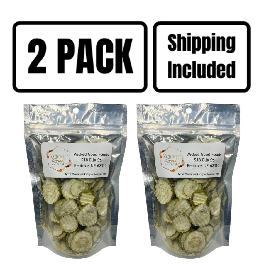 A two pack of freeze dried pickles on a white background