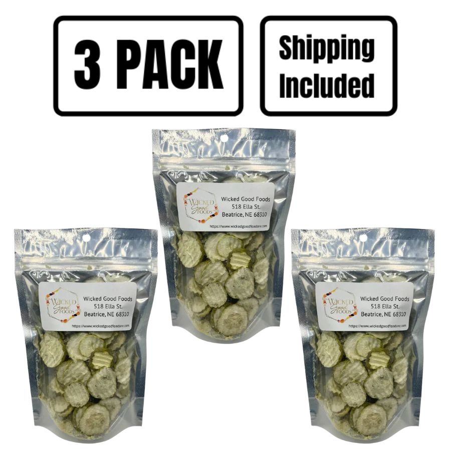 A three pack of freeze dried pickles on a white background