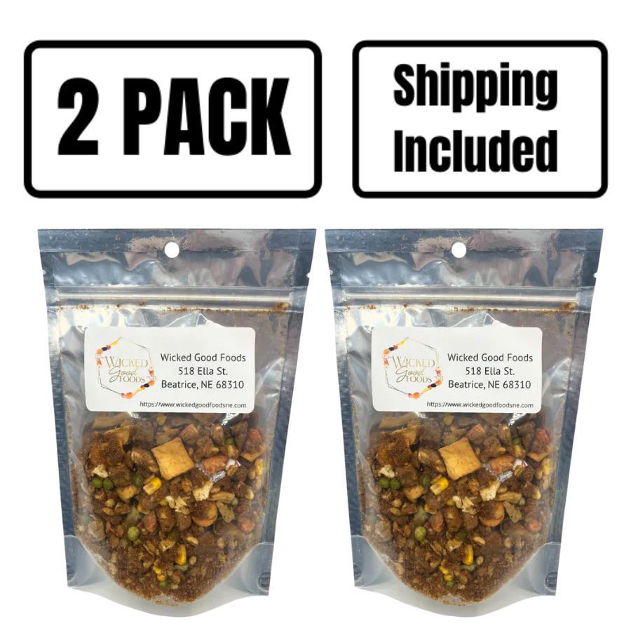 A two pack of freeze dried Vegetable Beef Soup on a white background
