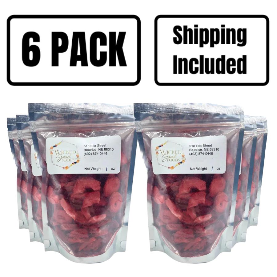 A six pack of freeze dried strawberries on a white background
