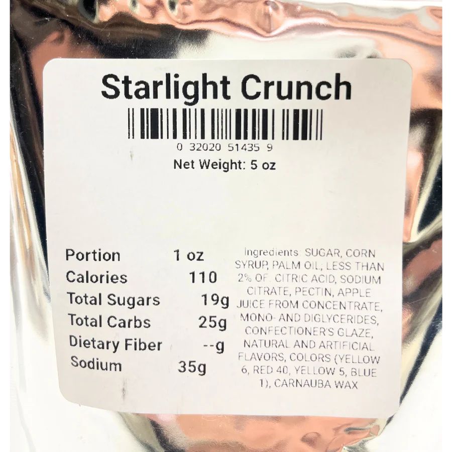The ingredient/nutrition fact list for Starlight Crunch Bites: Portion 1 oz, Calories 110, Total Sugars 19g, Total Carbs 25g, Dietary Fiber --g, Sodium 35g