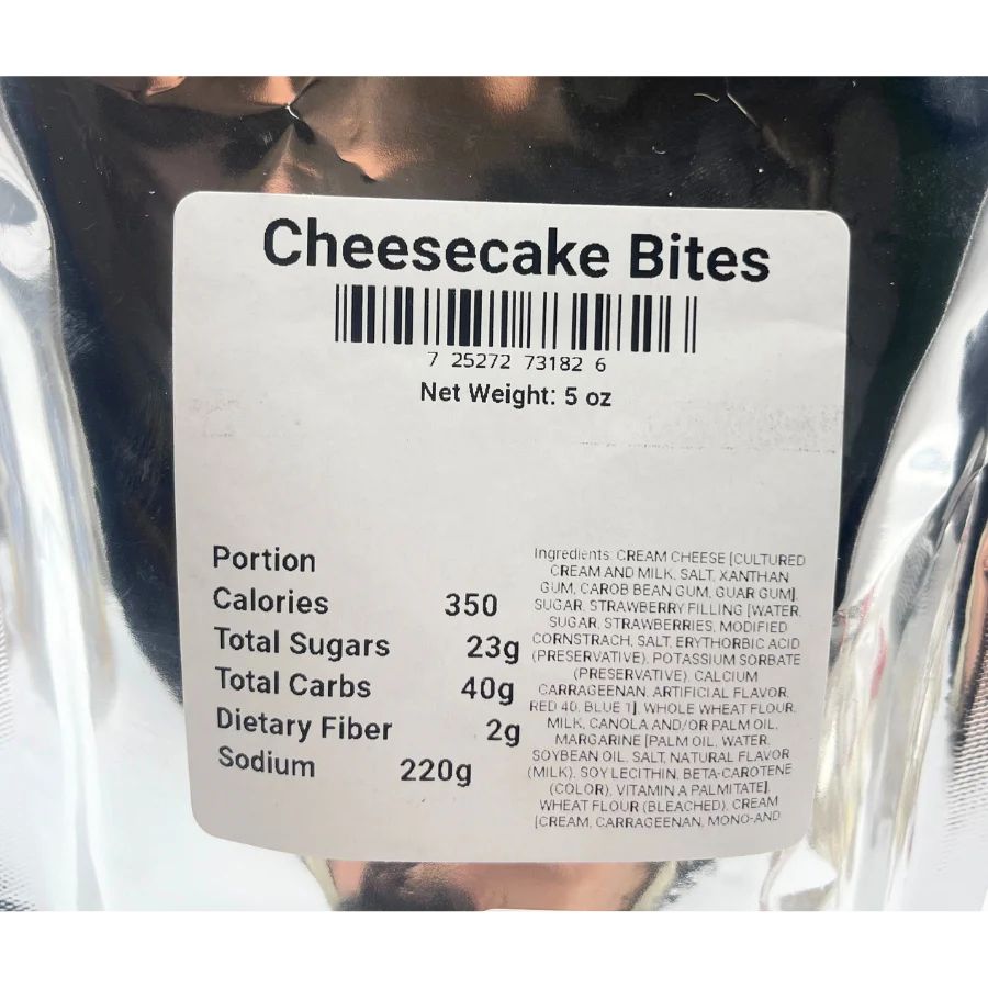 A Nutrition Facts photo of the freeze dried cheesecake bites: Calories 350, Total Sugars: 23g, Total Carbs: 40g, Dietary Fiber: 2g, Sodium: 220g