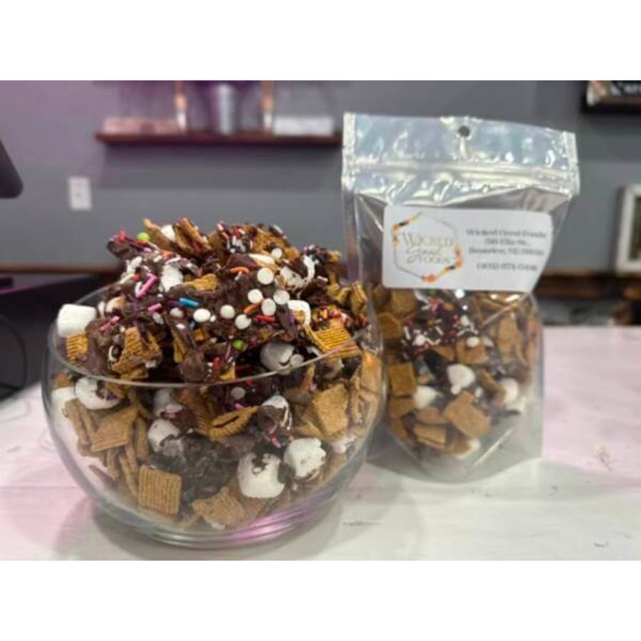 A bowl and bag of freeze dried S'more mix on a white countertop