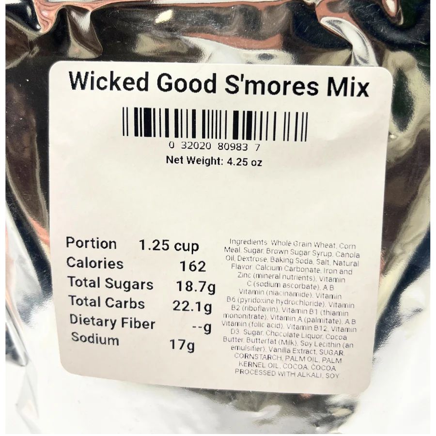 The ingredient/nutrition fact list for freeze dried S'more Mix: Portion 1.25 cup, Calories 162, Total Sugars 18.7g, Total Carbs 22.1 g, Dietary Fiber --g, Sodium 17g