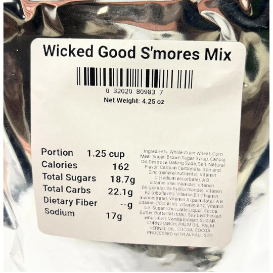 The ingredient/nutrition fact list for freeze dried S'more Mix: Portion 1.25 cup, Calories 162, Total Sugars 18.7g, Total Carbs 22.1 g, Dietary Fiber --g, Sodium 17g