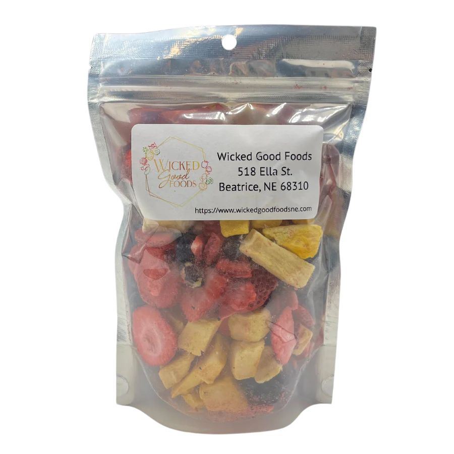 A bag of freeze dried Tropical Mix on a white background