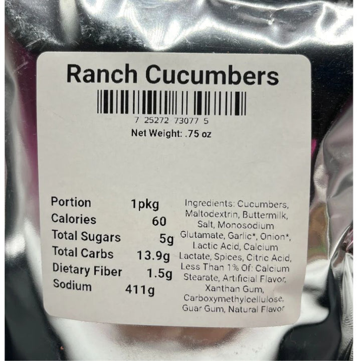 Nutrition Facts of Freeze Dried Ranch Cucumbers: Portion 1 pkg, Calories 60, Total Sugars 5g, Total Carbs 13.9g, Dietary Fiber 1.5g, Sodium 411g