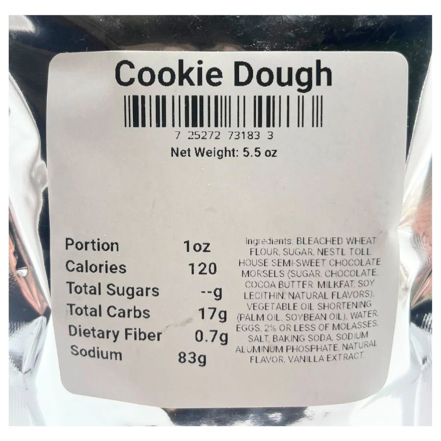 Nutrition Facts for Freeze Dried Cookie Dough Bites: Portion 1 oz, Calories 120, Total Sugars --g, Total Carbs 17g, Dietary Fiber 0.7g, Sodium 83g