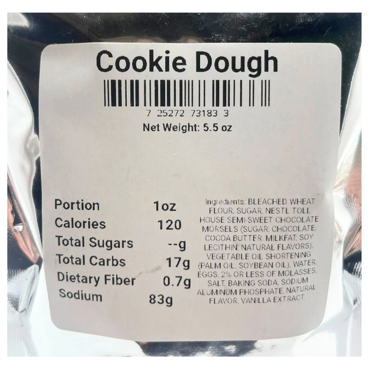 The ingredient/nutrition fact list for freeze dried cookie dough bites: Portion 1 oz, Calories 120, Total Sugars --g, Total Carbs 17g, Dietary Fiber 0.7g, Sodium 83g