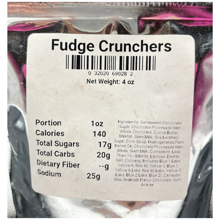 The ingredient/nutrition fact list for Fudge Crunchers: Portion 1 oz, Calories 140, Total Sugars 17g, Total Carbs 20g, Dietary Fiber --g, Sodium 25g