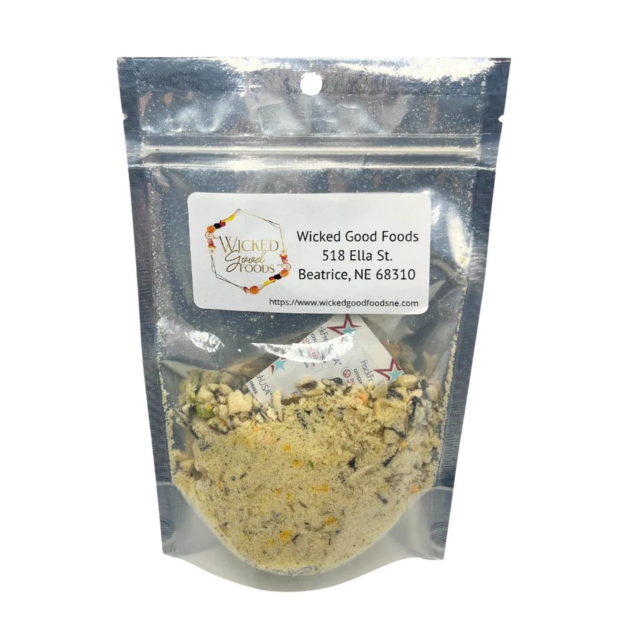 A bag of freeze dried chicken and wild rice soup on a white background