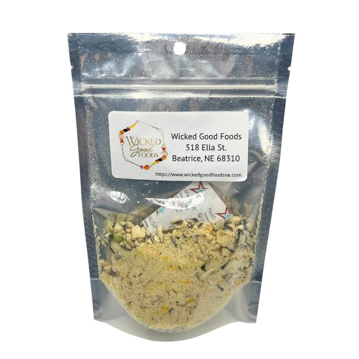 A bag of freeze dried chicken and wild rice soup on a white background