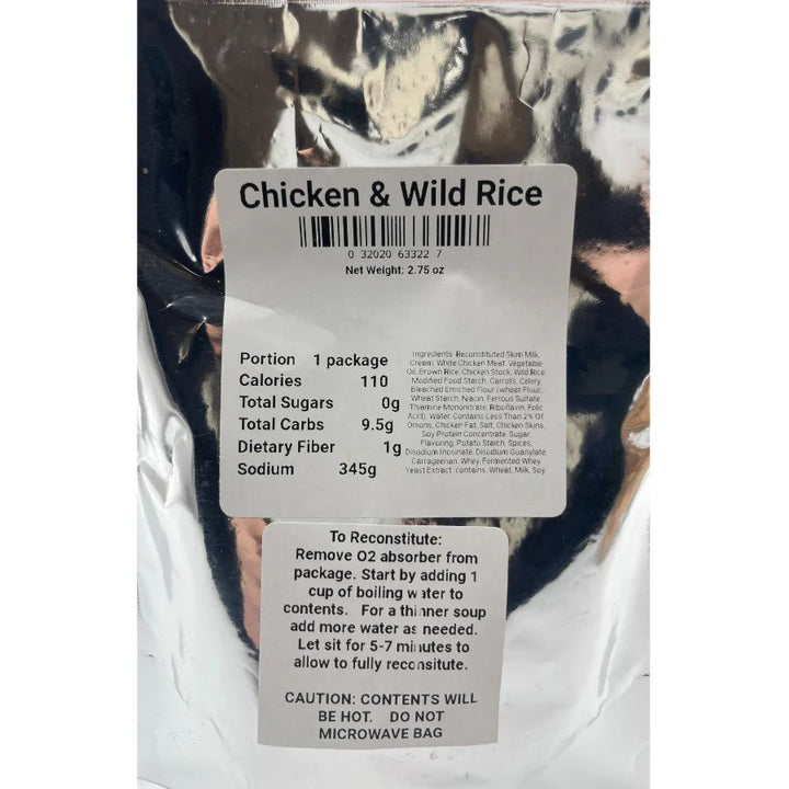 A close up of the Nutrition Facts/Ingredients  for Chicken and Wild Rice Soup: Portion 1 package, Calories 110, Total Sugars 0g, Total Carbs 9.5g, Dietary Fiber 1g, Sodium 345g