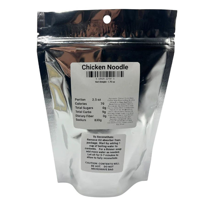 A Nutrition Fact/Ingredient List of Freeze Dried Chicken Noodle Soup: Portion: 2.5 oz, Calories 70, Total Sugars 0g, Total Carbs 9g, Dietary Fiber 0g, Sodium 830g
