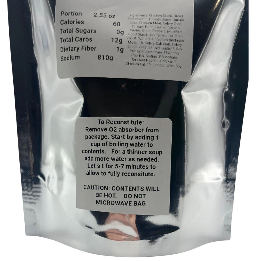 How to Make the Chicken Gumbo Soup: "To Reconstitute: Remove O2 absorber from package. Start by adding 1 cup of boiling water to contents. For a thinner soup add more water as needed. Let sit for 5-7 minutes to allow to fully reconstitute. CAUTION: Contents will be hot. Do not microwave bag