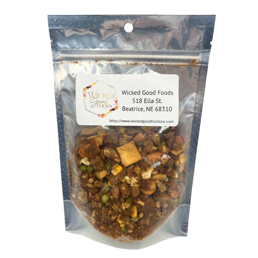 A bag of freeze dried Vegetable Beef Soup on a white background