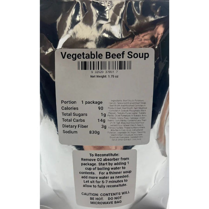 The ingredient/nutrition fact list for freeze dried Vegetable Beef Soup: Portion 1 package, Calories 90, Total Sugars 1g, Total Carbs 14g, Dietary Fiber 3g, Sodium 830g