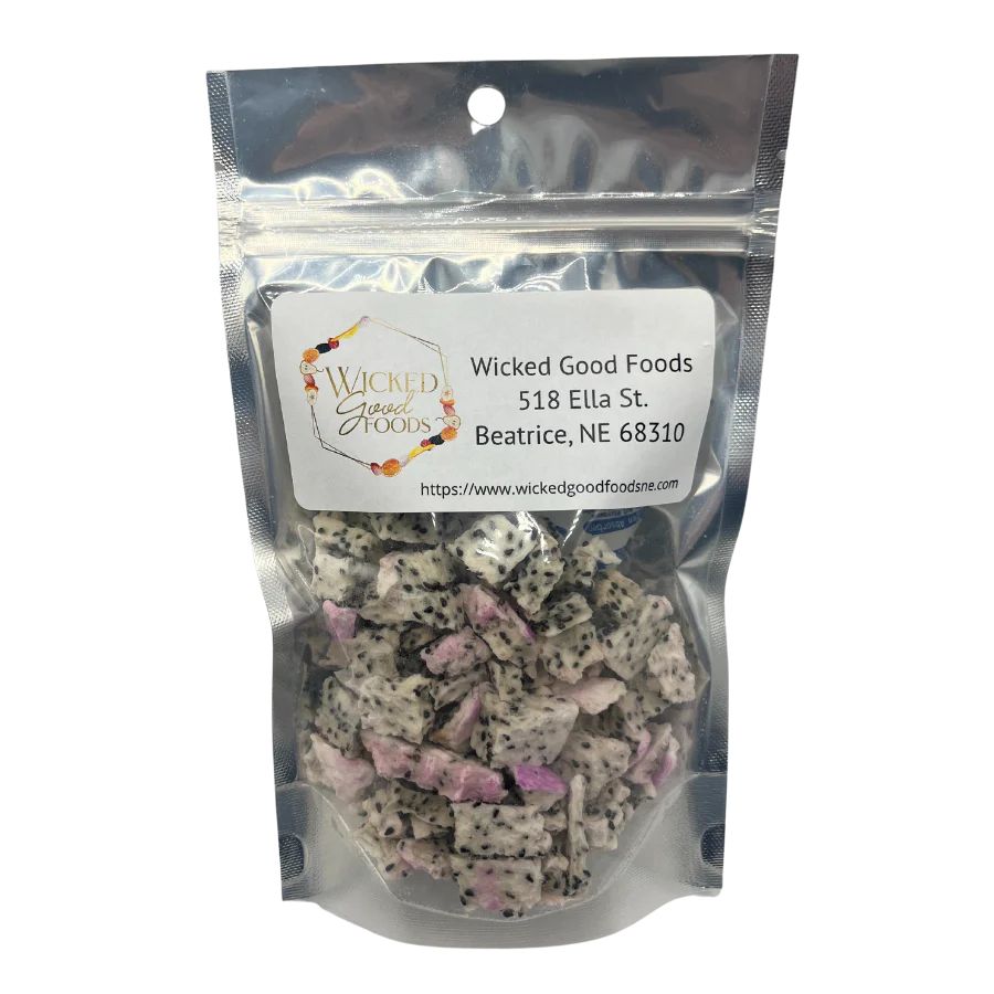 A bag of freeze dried Dragonfruit on a white background