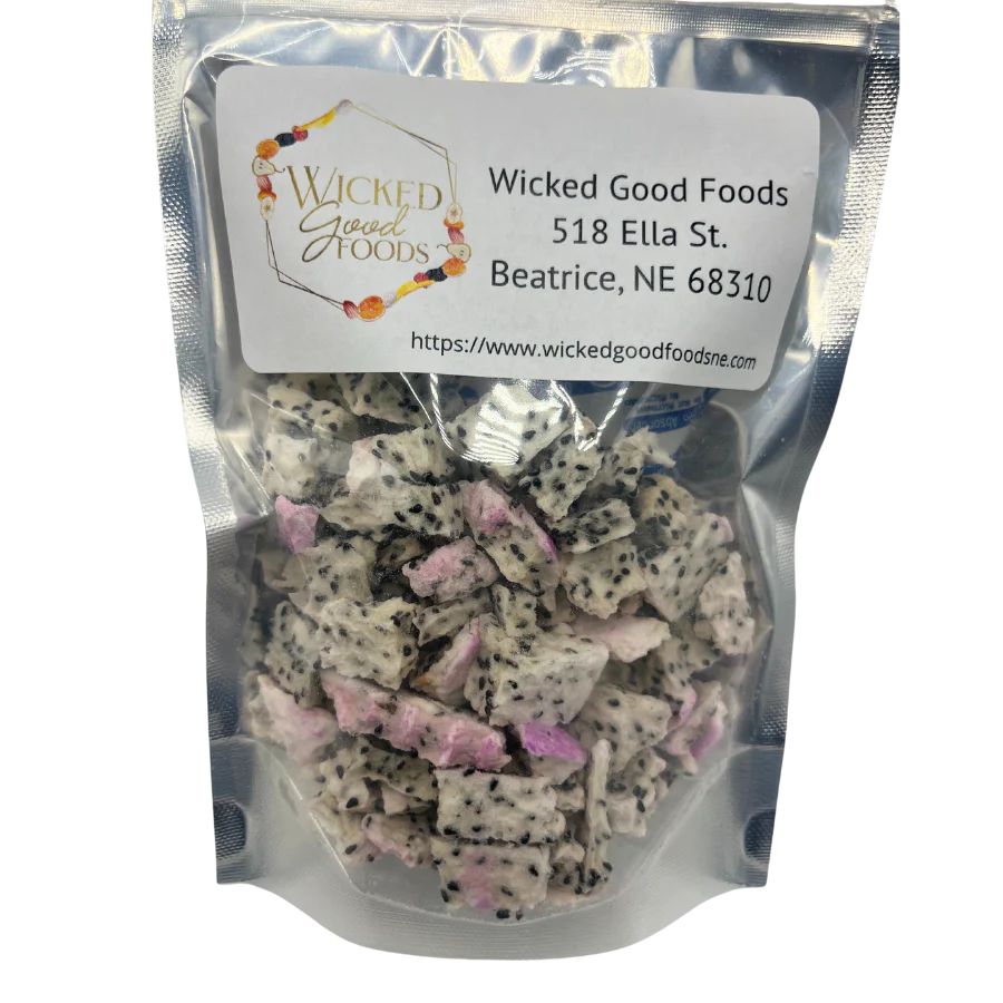 A close up of freeze dried Dragonfruit on a white background