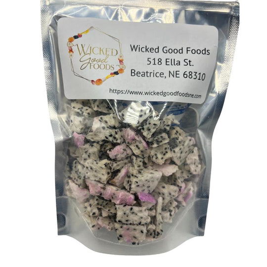 A close up of freeze dried Dragonfruit on a white background
