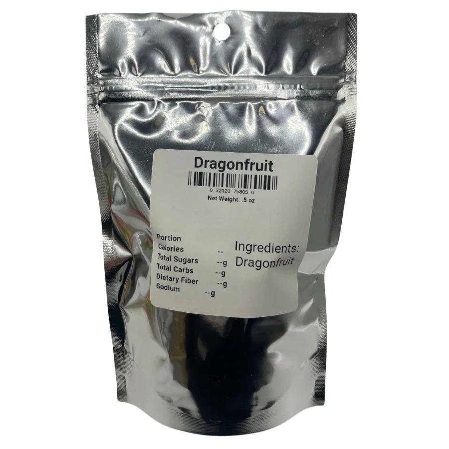 The back of the freeze dried Dragonfruit bag on a white background