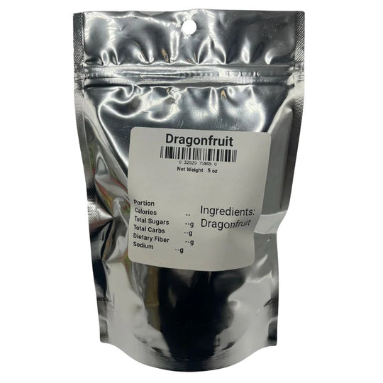 The back of the freeze dried Dragonfruit bag on a white background