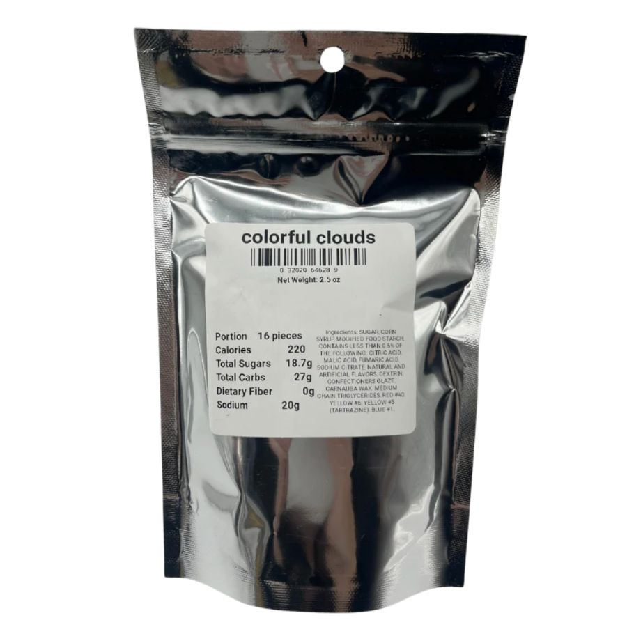 The ingredient/nutrition fact list for Colorful Clouds: Portion 16 pieces, Calories 220, Total Sugars 18.7g, Total Carbs 27g, Dietary Fiber 0g, Sodium 20g