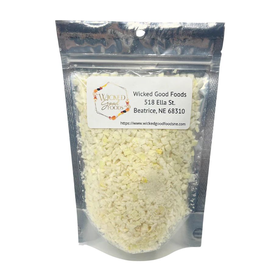 A bag of freeze dried Yellow Onions on a white background