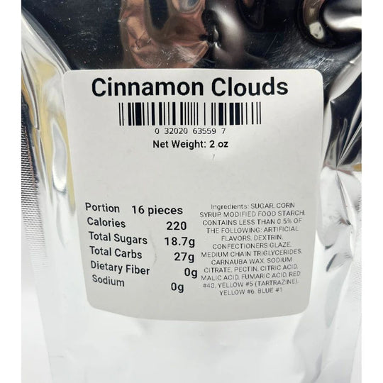 The ingredient/nutrition fact list for Cinnamon Clouds: Portion 16 pieces, Calories 220, Total Sugars 18.7g, Total Carbs 27g, Dietary Fiber 0g, Sodium 0g