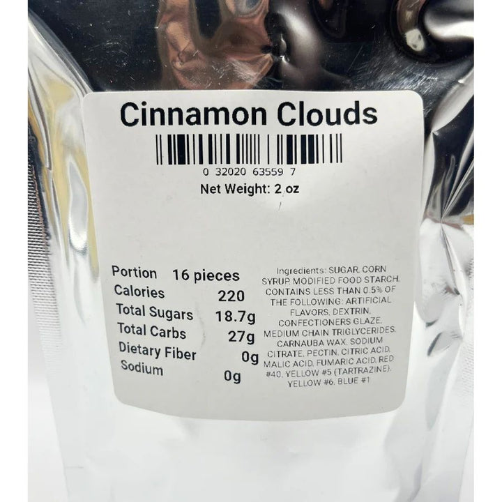 The ingredient/nutrition facts list for Cinnamon Candy: Portion 16 pieces, Calories 220, Total Sugars 18.7g, Total Carbs 27g, Dietary Fiber 0g, Sodium 0g